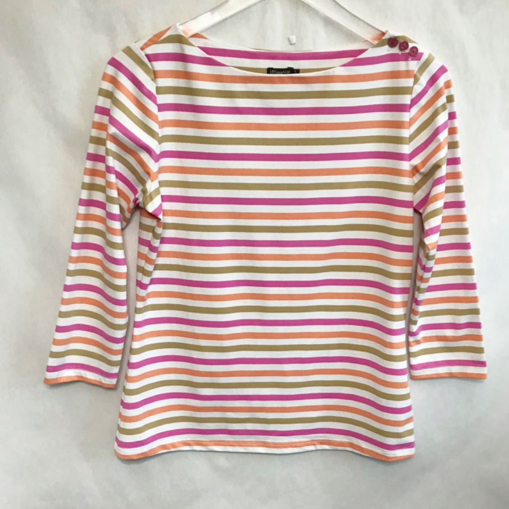 J Mclaughlin Catalina Cloth Stripe Wavesong Tee Top S Button Shoulder 3/4 Sleeve